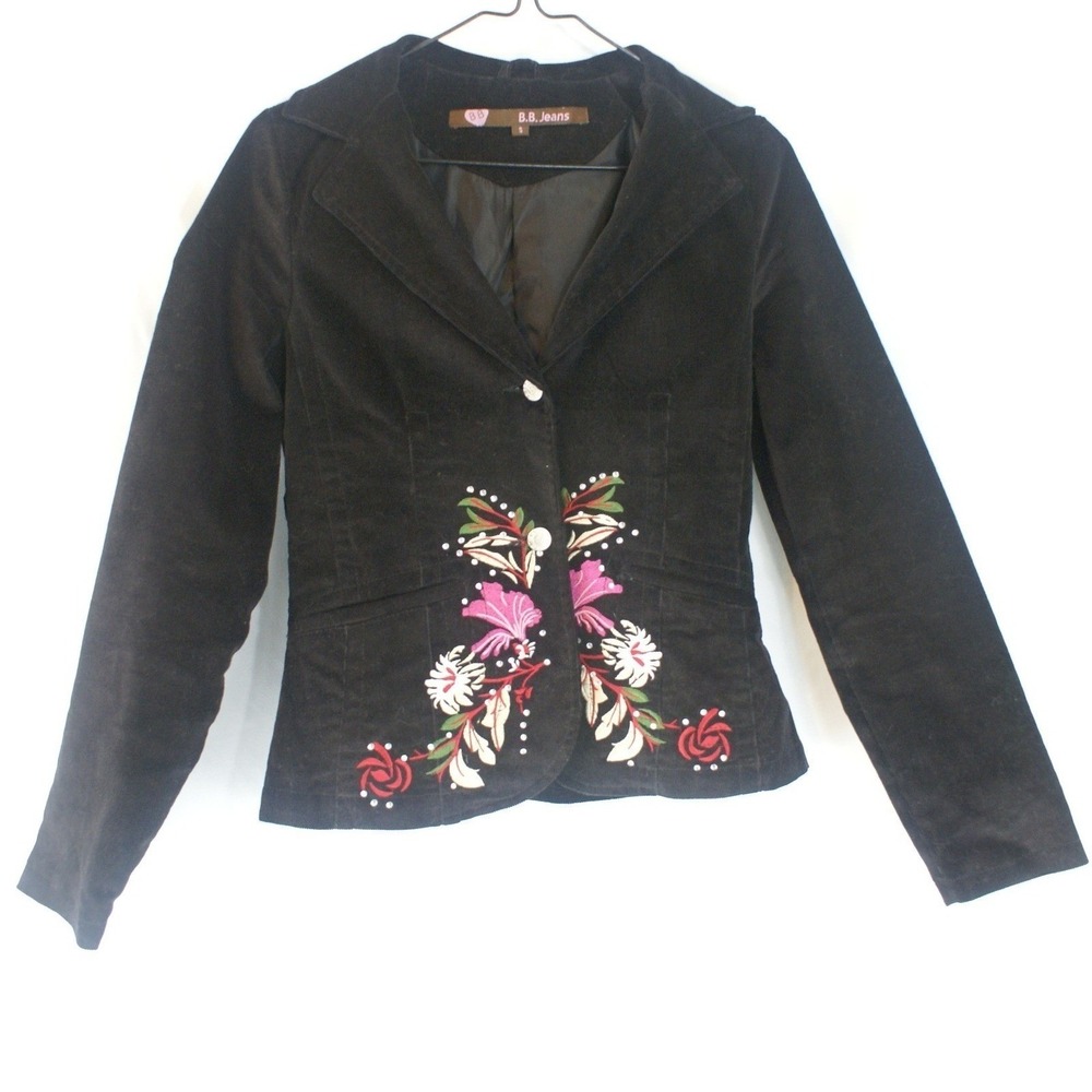 B.B. Jeans Womens Black‎ Corduroy Floral Embroidered Rhinestone Blazer Jacket S